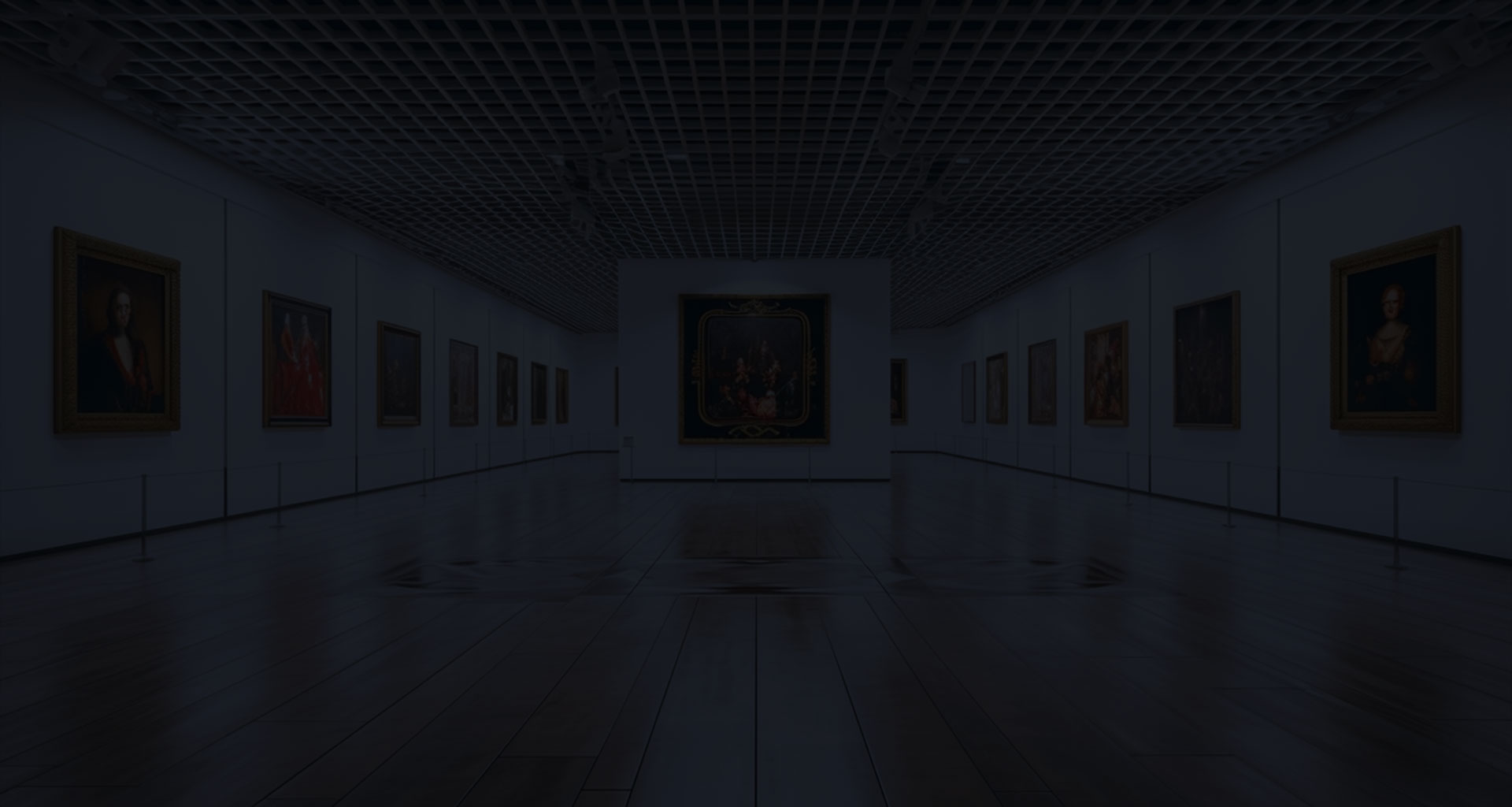 Dimly lit art gallery interior displaying various framed artworks on walls, with a prominent painting centered on the main wall.