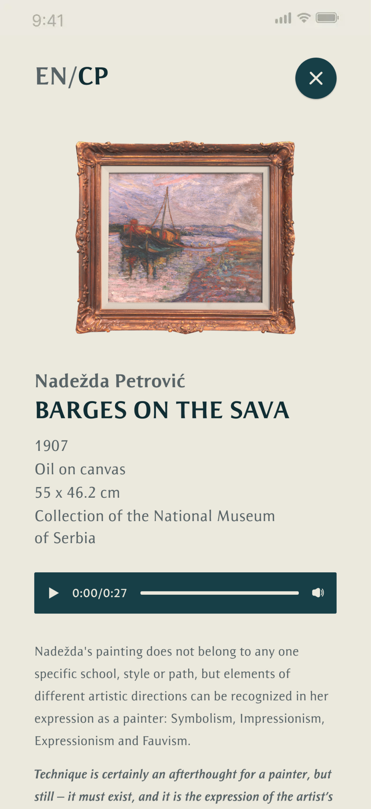 Smartphone screen showing 'Barges on the Sava' by Nadežda Petrović, a 1907 oil painting with a river scene, housed in the National Museum of Serbia.