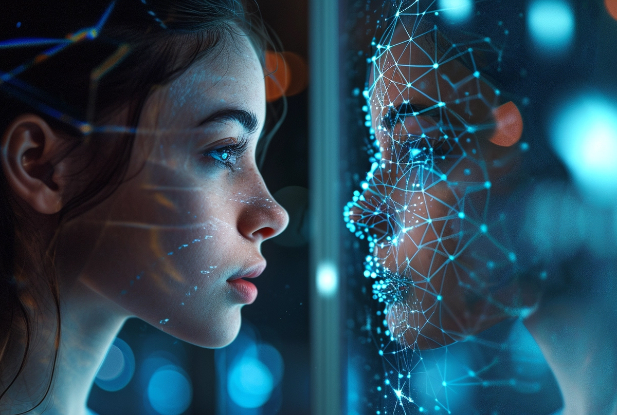 Profil mlade žene koja pažljivo posmatra digitalnu reprezentaciju ljudskog lica, istaknutu povezanim plavim tačkama i linijama, koje simbolizuju prepoznavanje lica ili biometrijska skeniranja.