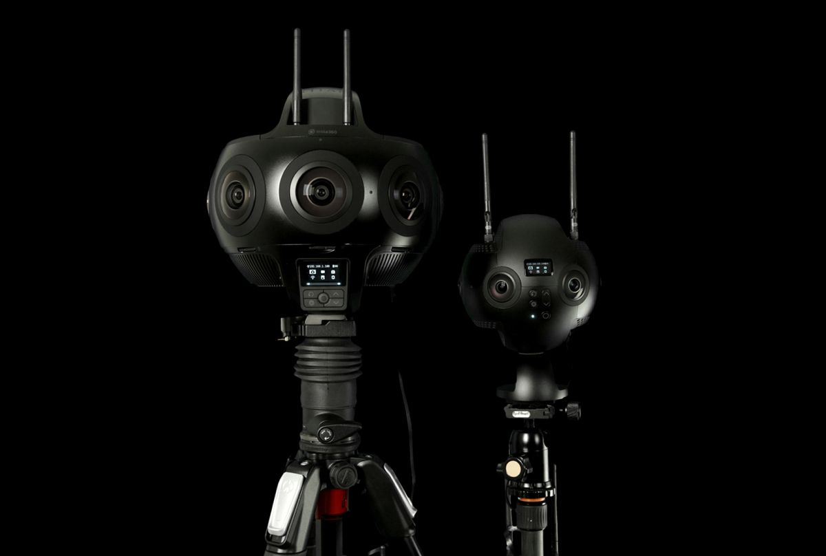 Professional 360-degree virtual reality camera mounted on a tripod, front and back view, against a black background.
