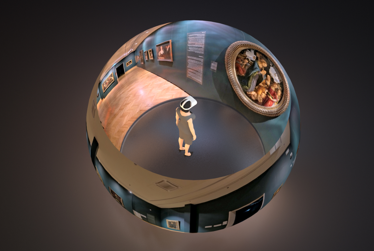 Virtuelna stvarnost (VR) okruženje koje prikazuje impresivnu umetničku galeriju od 360 stepeni. Fokusna tačka je usamljena figura, verovatno posetilac, koja stoji u centru i nosi VR headset.