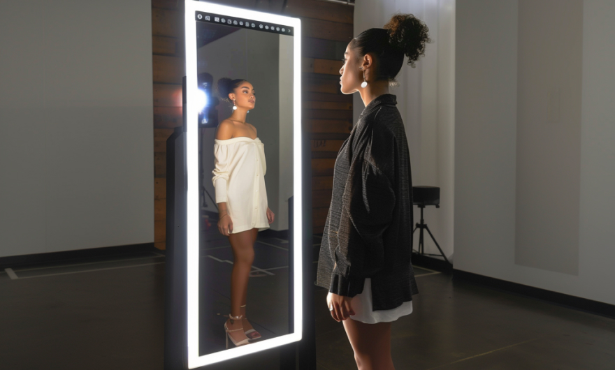 Žena koja stoji ispred pametnog ogledala u punoj dužini koje prikazuje virtuelno probanje bele haljine, reflektujući i njen stvarni izgled i digitalnu odeću.
