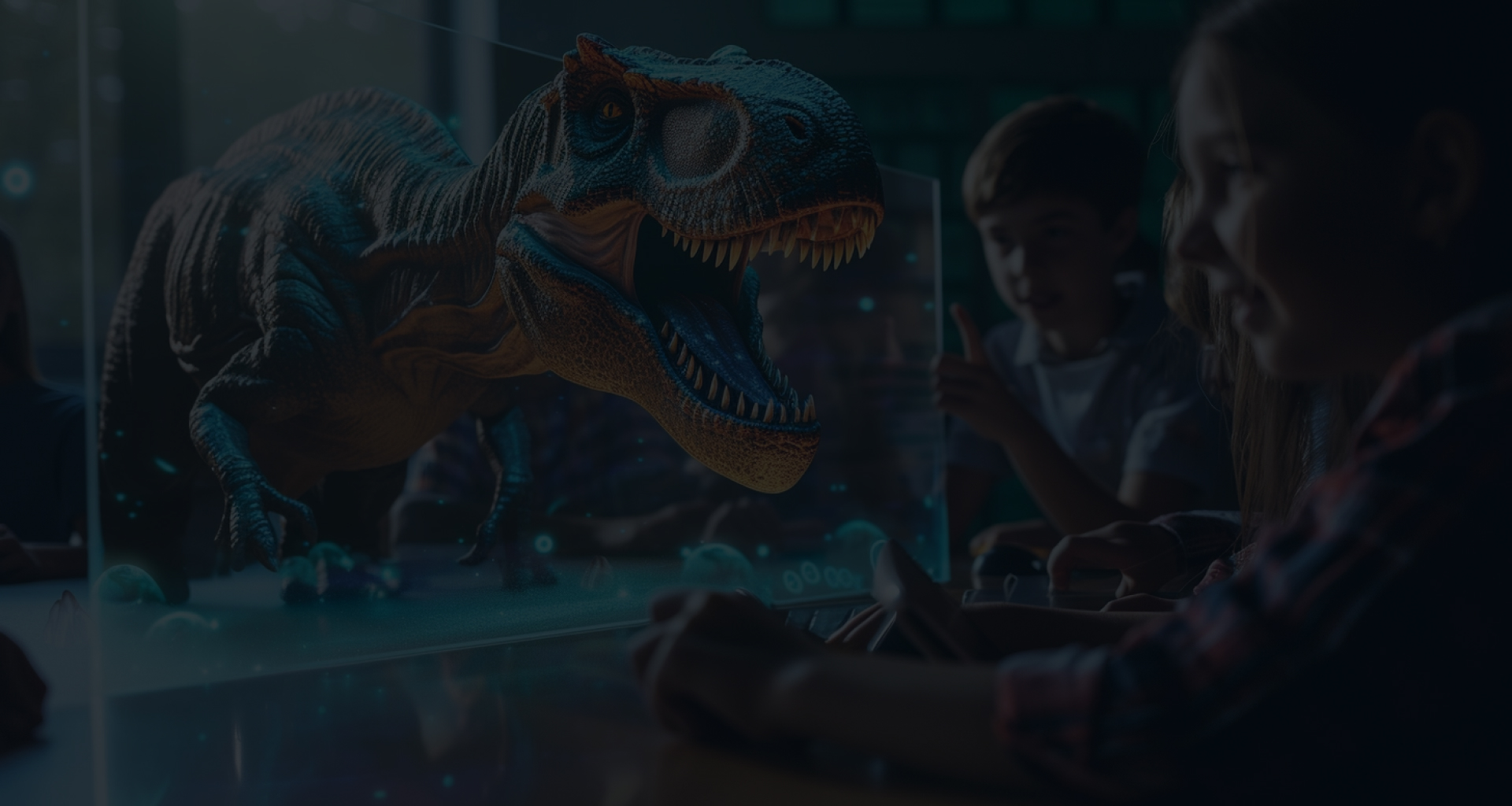 Deca posmatraju virtuelnu izložbu dinosaurusa, sa realističnim Tiranosaurus Reksom koji im riče, prikazujući ulogu tehnologije u interaktivnom učenju i zabavi.